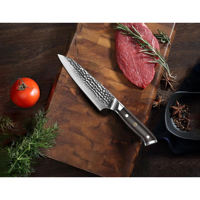 Japanese VG-10 Damascus Paring Knife - 5-Inch Ultra Sharp Chef's Utility Knife with Ebony Handle, Hammered Non-Stick Blade & Full-Tang Triple-Layer Steel Core (Professional Knife for Chefs, Cooks,)