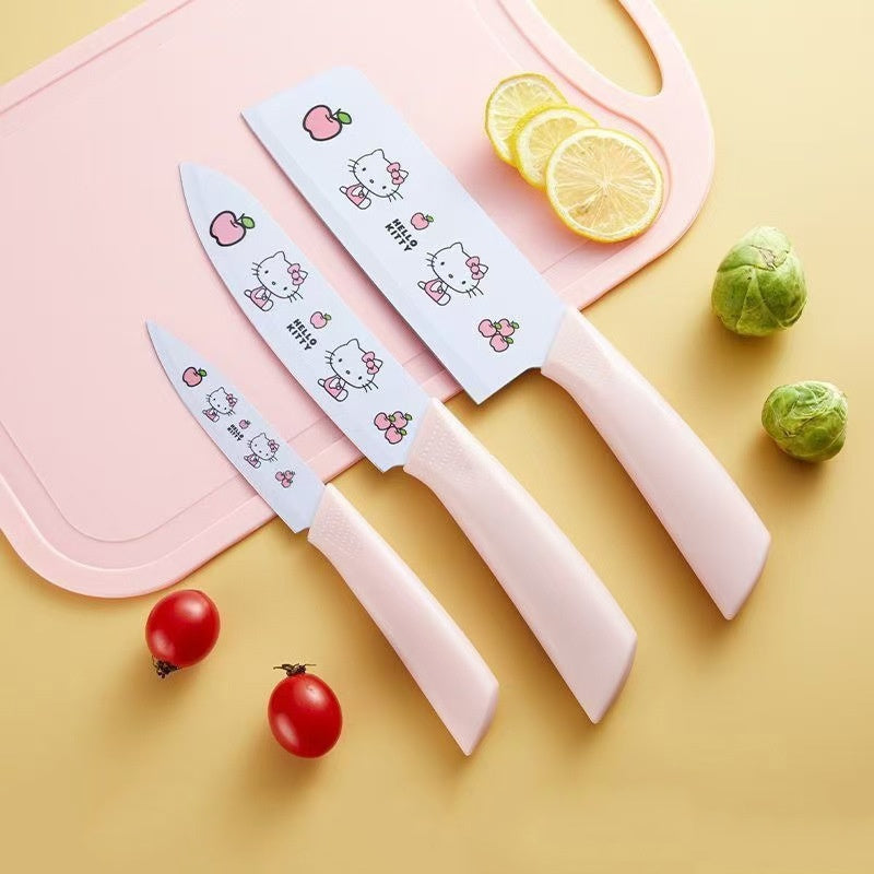 5pcs Hello Kitty Kitchen Knife Set, Pink\u002FBlue Ceramic-Style Fruit Knife Set, Sanrio Fruit Knife, High Carbon Stainless Steel Blades, Stainless Steel Knife Block Set With Precise Scissors, Peeler, For Cooking, Meat Cutting, Gifting