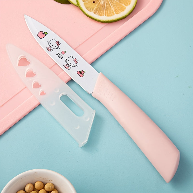 5pcs Hello Kitty Kitchen Knife Set, Pink\u002FBlue Ceramic-Style Fruit Knife Set, Sanrio Fruit Knife, High Carbon Stainless Steel Blades, Stainless Steel Knife Block Set With Precise Scissors, Peeler, For Cooking, Meat Cutting, Gifting