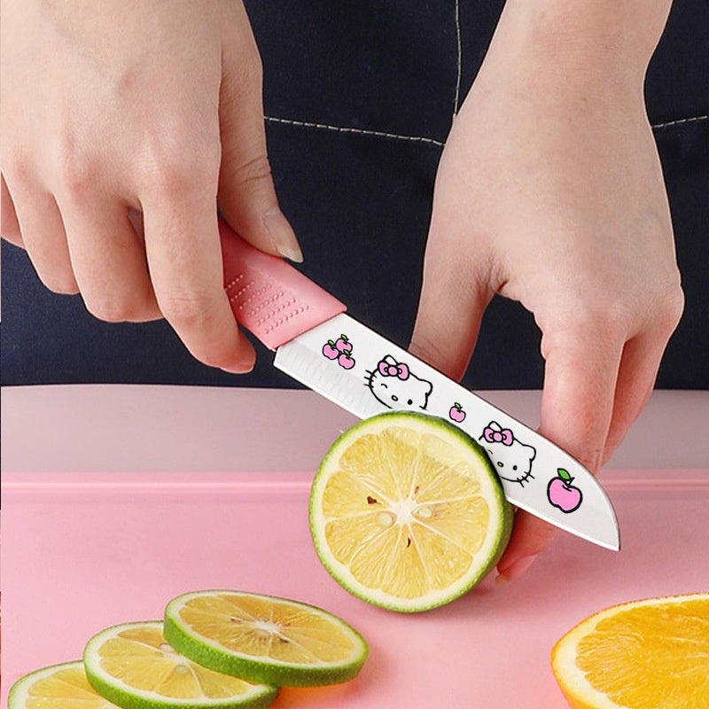 5pcs Hello Kitty Kitchen Knife Set, Pink\u002FBlue Ceramic-Style Fruit Knife Set, Sanrio Fruit Knife, High Carbon Stainless Steel Blades, Stainless Steel Knife Block Set With Precise Scissors, Peeler, For Cooking, Meat Cutting, Gifting