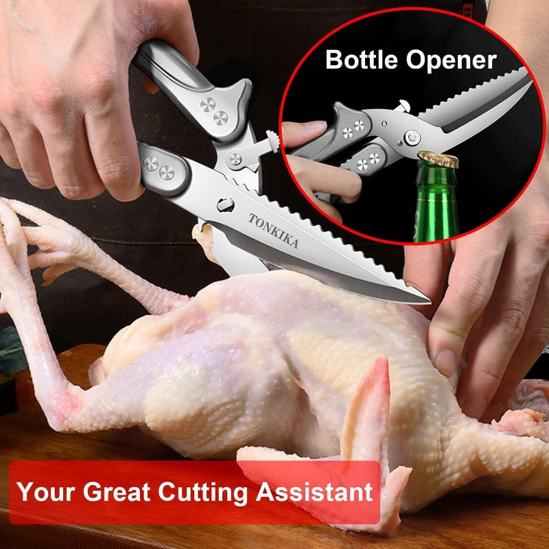 Heavy Duty Stainless Steel Professional Kitchen Shears & Poultry Scissors - 10.2” Spring-Loaded Bolt-Cutters with Locking Mechanism, Dishwasher, Chicken\u002FTurkey\u002FFish, Opener & Multi- for Chefs & Cooks (Gray