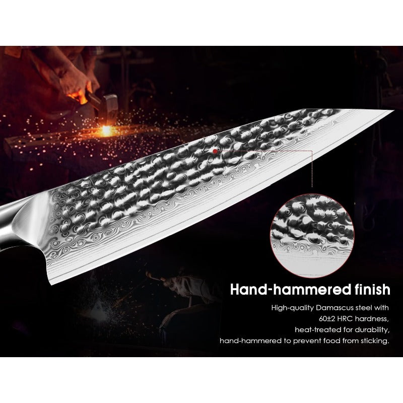 Japanese VG-10 Damascus Paring Knife - 5-Inch Ultra Sharp Chef's Utility Knife with Ebony Handle, Hammered Non-Stick Blade & Full-Tang Triple-Layer Steel Core (Professional Knife for Chefs, Cooks,)