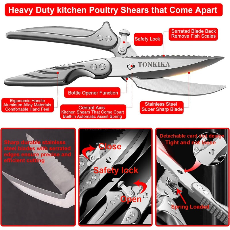 Heavy Duty Stainless Steel Professional Kitchen Shears & Poultry Scissors - 10.2” Spring-Loaded Bolt-Cutters with Locking Mechanism, Dishwasher, Chicken\u002FTurkey\u002FFish, Opener & Multi- for Chefs & Cooks (Gray