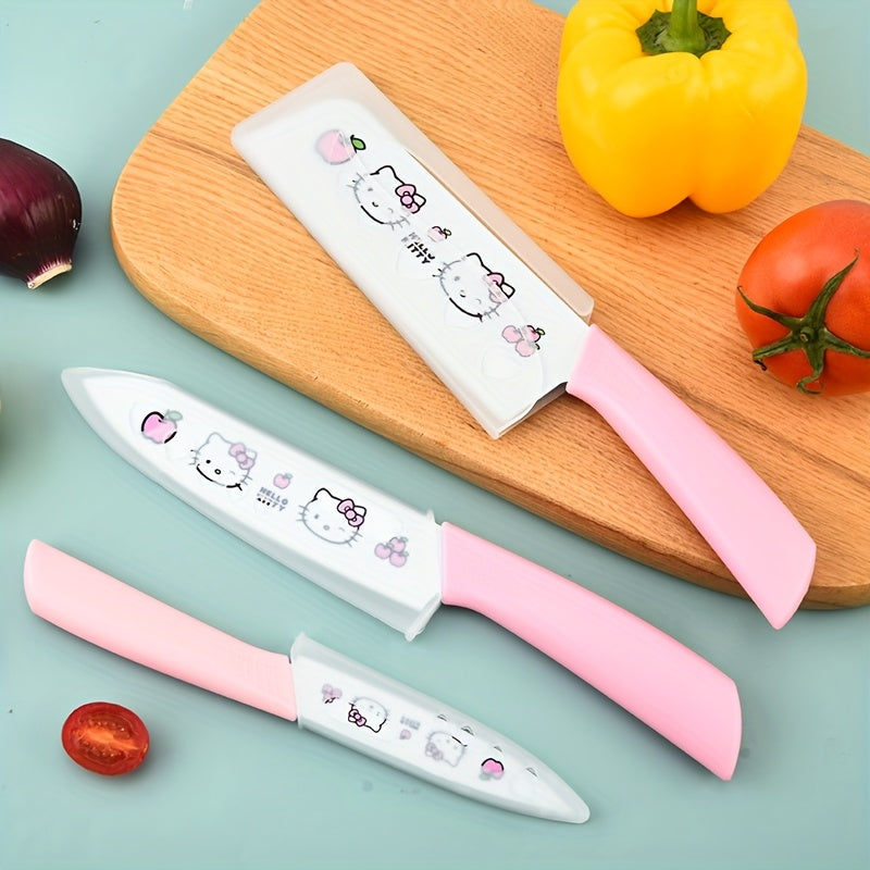 5pcs Hello Kitty Kitchen Knife Set, Pink\u002FBlue Ceramic-Style Fruit Knife Set, Sanrio Fruit Knife, High Carbon Stainless Steel Blades, Stainless Steel Knife Block Set With Precise Scissors, Peeler, For Cooking, Meat Cutting, Gifting