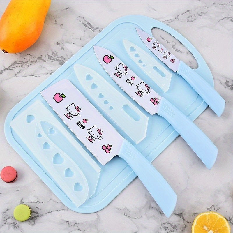 5pcs Hello Kitty Kitchen Knife Set, Pink\u002FBlue Ceramic-Style Fruit Knife Set, Sanrio Fruit Knife, High Carbon Stainless Steel Blades, Stainless Steel Knife Block Set With Precise Scissors, Peeler, For Cooking, Meat Cutting, Gifting
