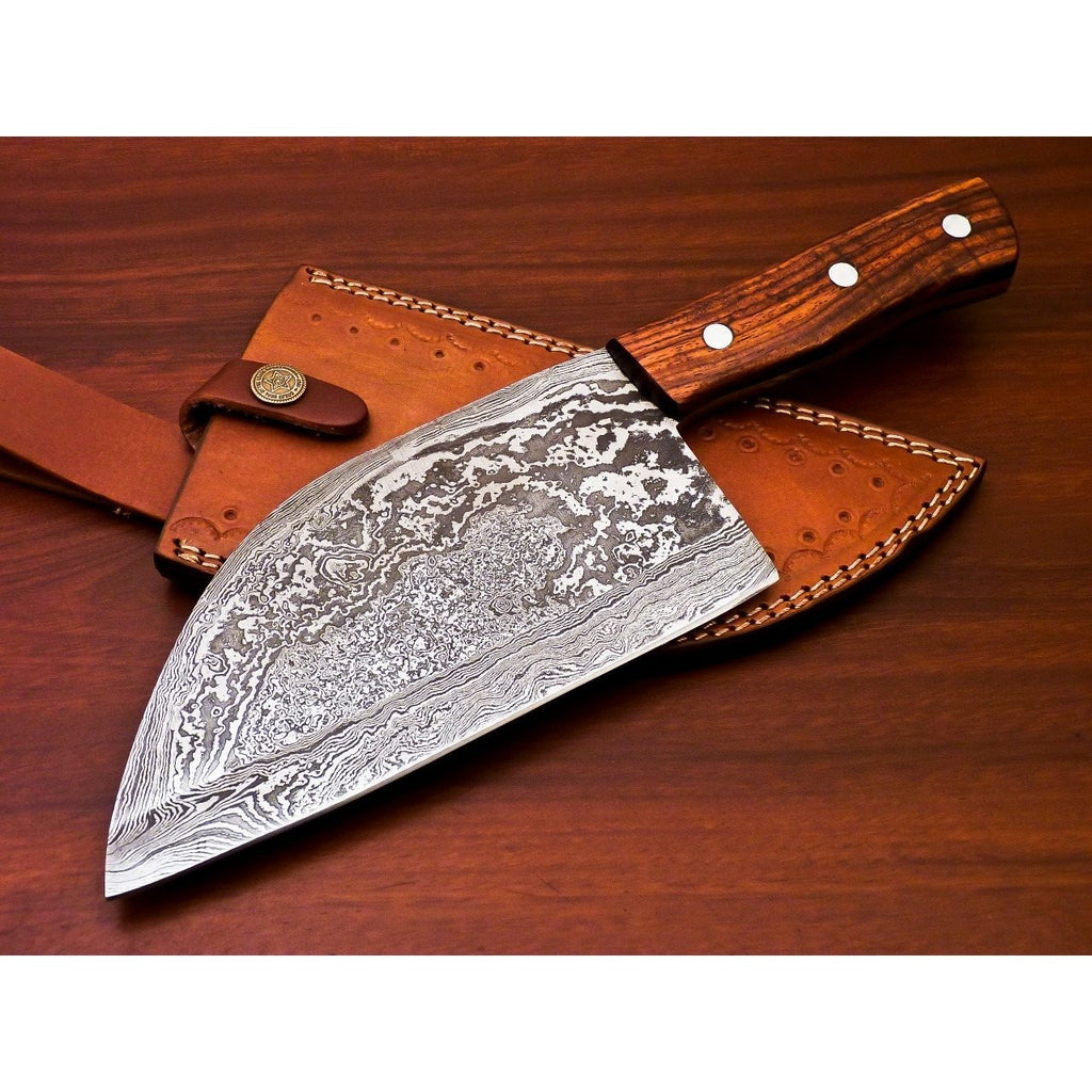 12 inch Damascus Steel Cleaver Chef knife bone chopper Wood Handle Best knife for Kitchen use With leather Cover