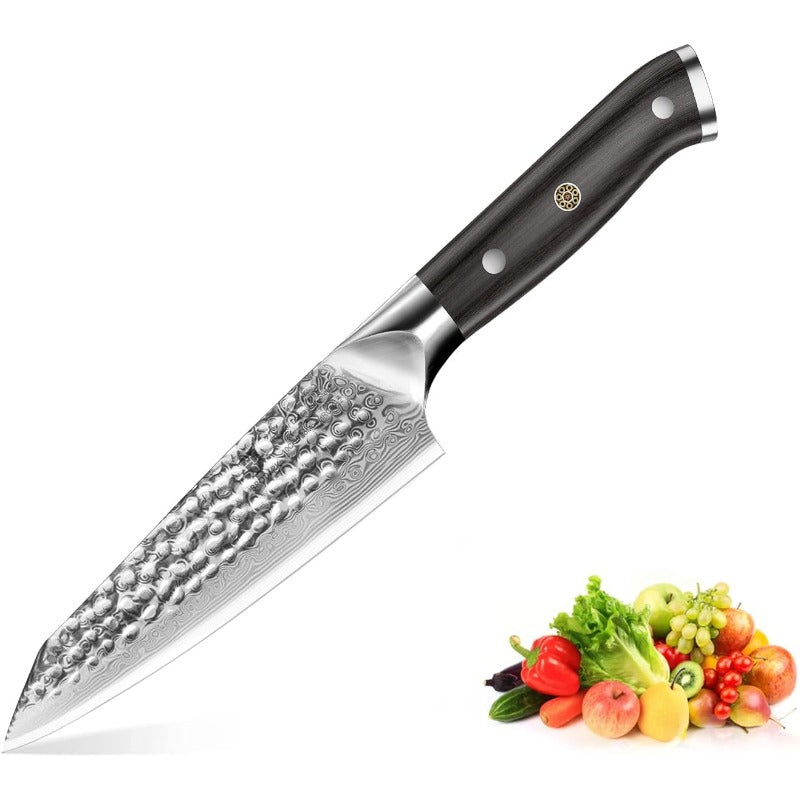 Japanese VG-10 Damascus Paring Knife - 5-Inch Ultra Sharp Chef's Utility Knife with Ebony Handle, Hammered Non-Stick Blade & Full-Tang Triple-Layer Steel Core (Professional Knife for Chefs, Cooks,)
