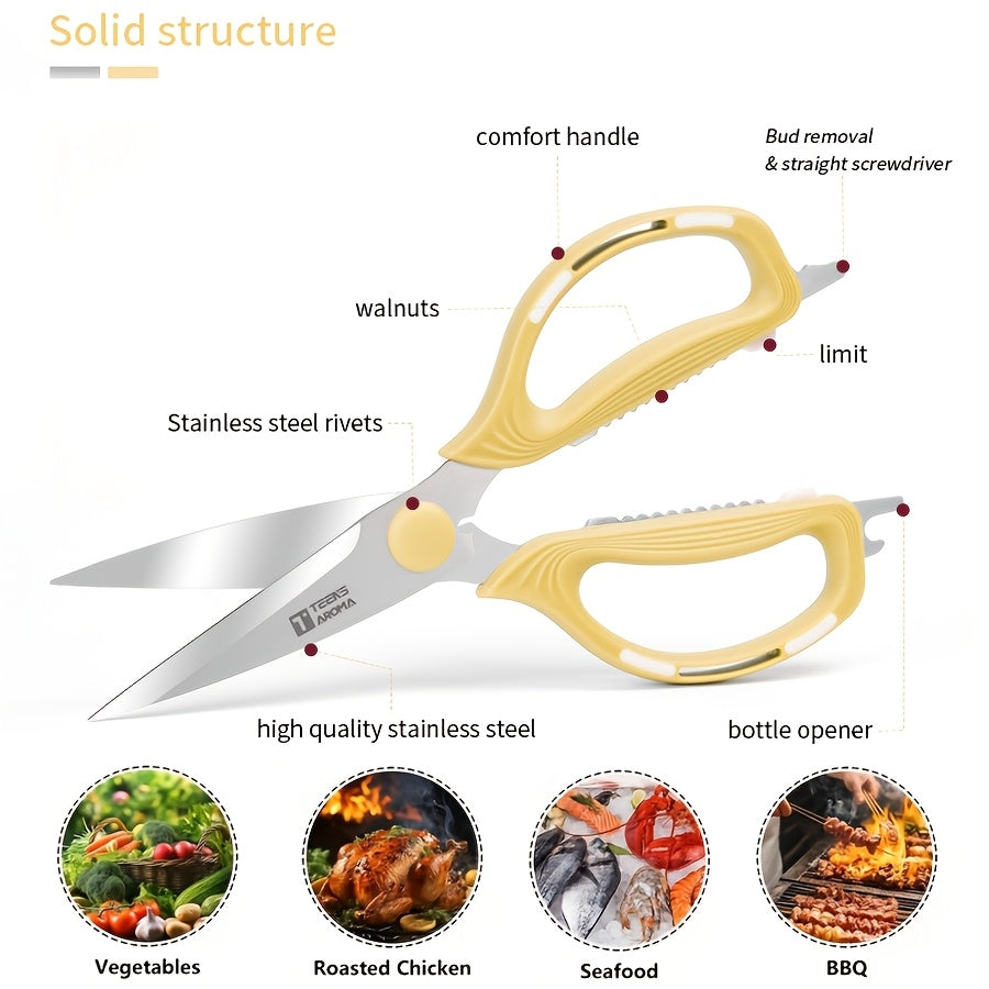 Multi-Functional Kitchen Scissors | Heavy-Duty, Non-Slip Grip, Dishwasher Safe, Stainless Steel, Ambidextrous, Yellow