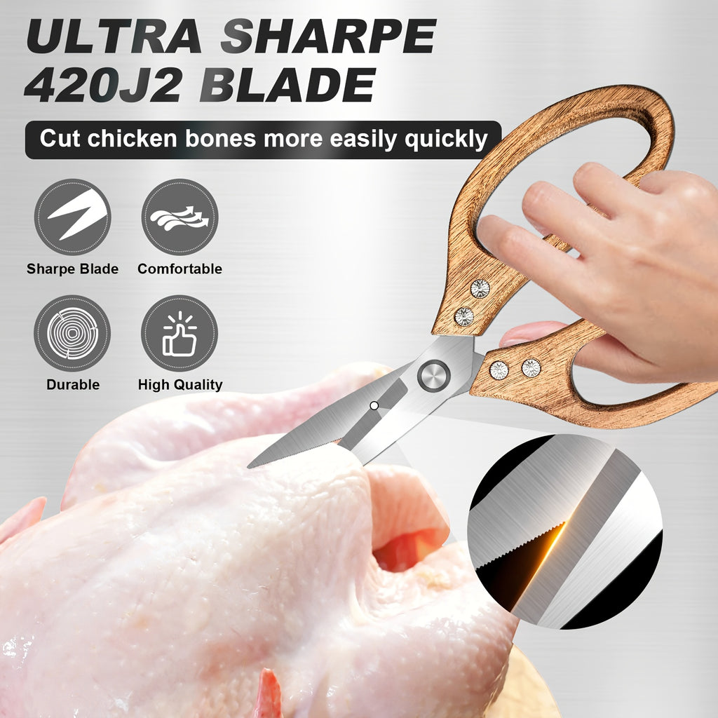 Wooden Kitchen Scissors - Heavy-Duty Multifunctional Scissors - Made with Stainless Steel Blades, Suitable for Cooking, Making Pizza, Cutting Herbs And Meat - Ergonomically Designed Wooden Handles That Are Dishwasher Safe