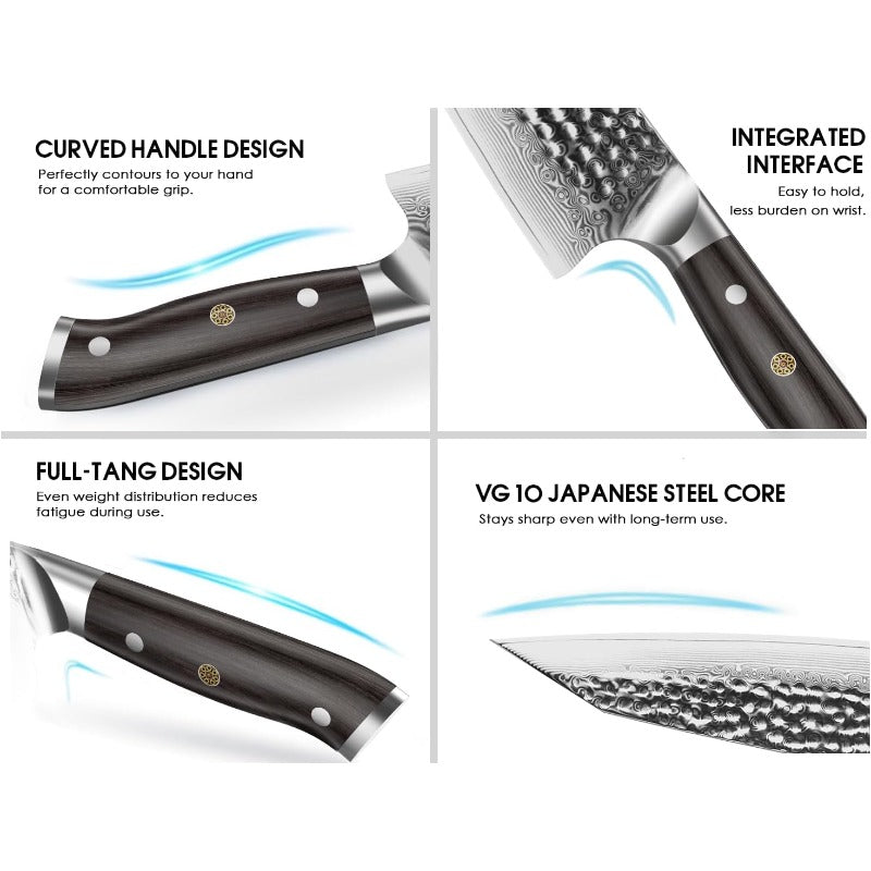 Japanese VG-10 Damascus Paring Knife - 5-Inch Ultra Sharp Chef's Utility Knife with Ebony Handle, Hammered Non-Stick Blade & Full-Tang Triple-Layer Steel Core (Professional Knife for Chefs, Cooks,)