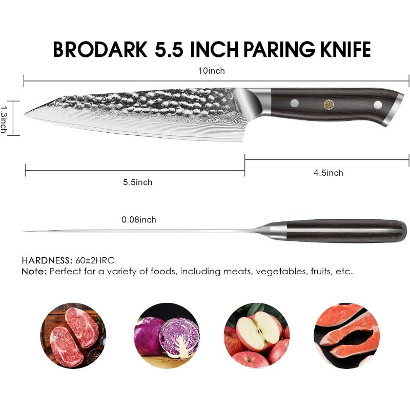 Japanese VG-10 Damascus Paring Knife - 5-Inch Ultra Sharp Chef's Utility Knife with Ebony Handle, Hammered Non-Stick Blade & Full-Tang Triple-Layer Steel Core (Professional Knife for Chefs, Cooks,)