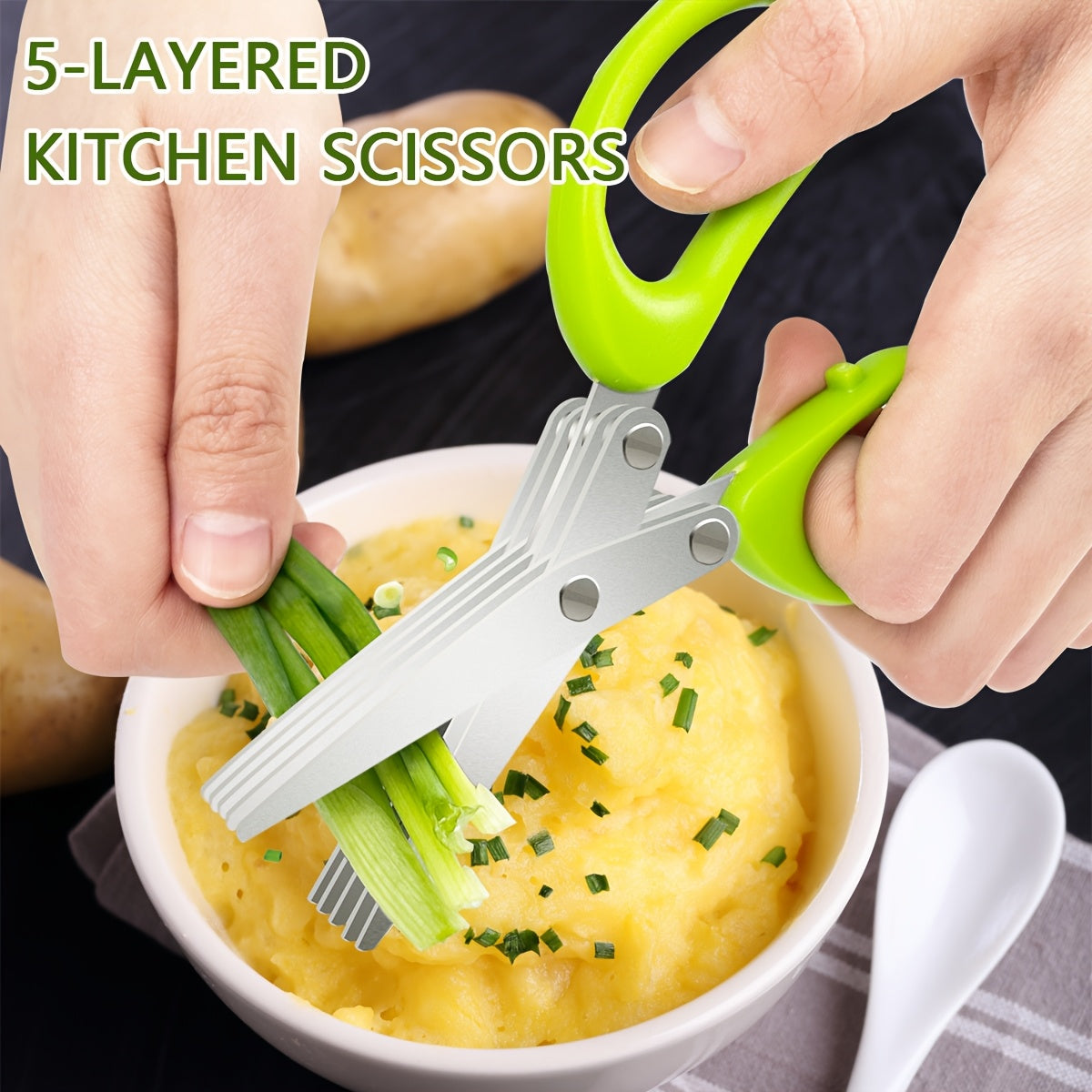 1\u002F2pcs 5-Layer Stainless Steel Kitchen Scissors - Multifunctional Onion And Herb Chopper, Suitable for Grilling And Indoor Use, Durable, -Safe Stainless Steel Blades, Ergonomic Handle