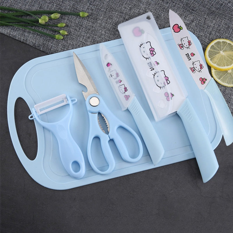 5pcs Hello Kitty Kitchen Knife Set, Pink\u002FBlue Ceramic-Style Fruit Knife Set, Sanrio Fruit Knife, High Carbon Stainless Steel Blades, Stainless Steel Knife Block Set With Precise Scissors, Peeler, For Cooking, Meat Cutting, Gifting