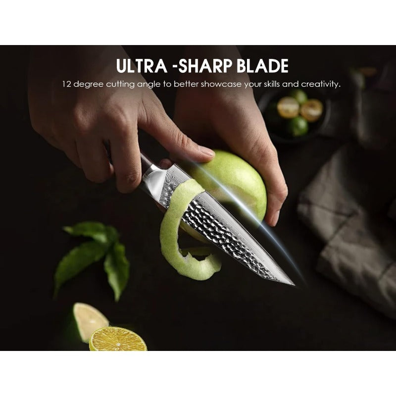 Japanese VG-10 Damascus Paring Knife - 5-Inch Ultra Sharp Chef's Utility Knife with Ebony Handle, Hammered Non-Stick Blade & Full-Tang Triple-Layer Steel Core (Professional Knife for Chefs, Cooks,)