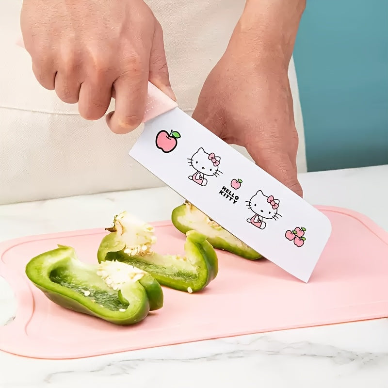 5pcs Hello Kitty Kitchen Knife Set, Pink\u002FBlue Ceramic-Style Fruit Knife Set, Sanrio Fruit Knife, High Carbon Stainless Steel Blades, Stainless Steel Knife Block Set With Precise Scissors, Peeler, For Cooking, Meat Cutting, Gifting