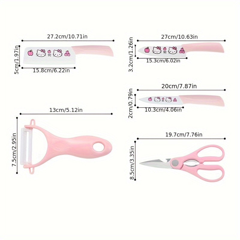 5pcs Hello Kitty Kitchen Knife Set, Pink\u002FBlue Ceramic-Style Fruit Knife Set, Sanrio Fruit Knife, High Carbon Stainless Steel Blades, Stainless Steel Knife Block Set With Precise Scissors, Peeler, For Cooking, Meat Cutting, Gifting