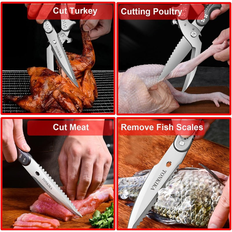 Heavy Duty Stainless Steel Professional Kitchen Shears & Poultry Scissors - 10.2” Spring-Loaded Bolt-Cutters with Locking Mechanism, Dishwasher, Chicken\u002FTurkey\u002FFish, Opener & Multi- for Chefs & Cooks (Gray