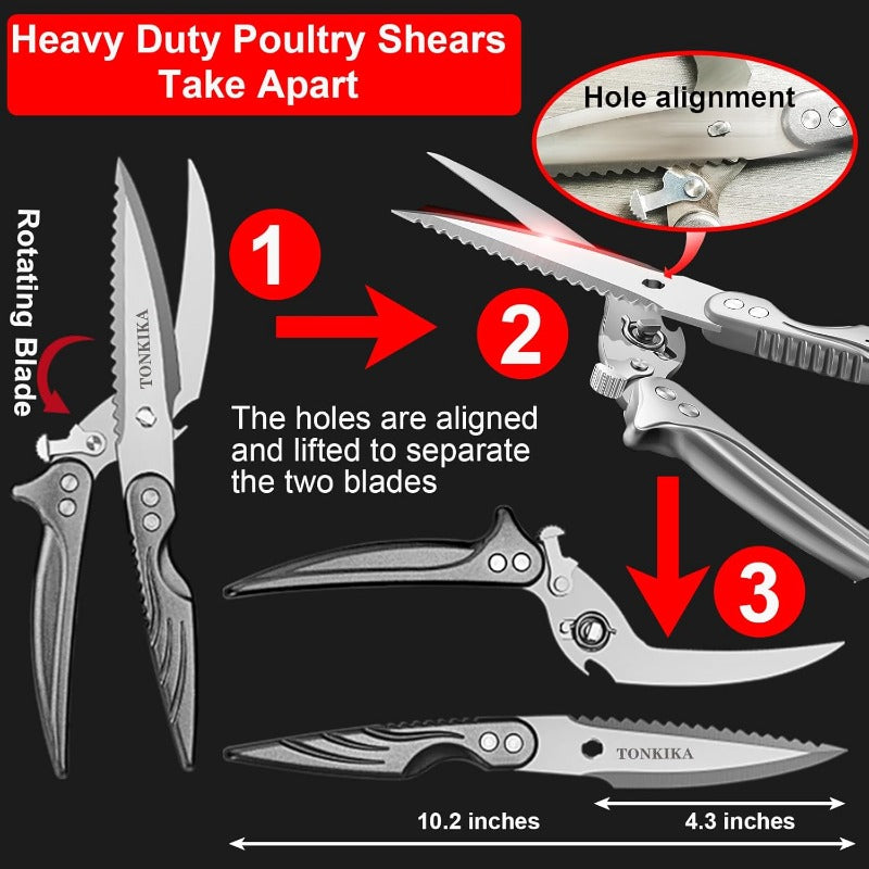 Heavy Duty Stainless Steel Professional Kitchen Shears & Poultry Scissors - 10.2” Spring-Loaded Bolt-Cutters with Locking Mechanism, Dishwasher, Chicken\u002FTurkey\u002FFish, Opener & Multi- for Chefs & Cooks (Gray
