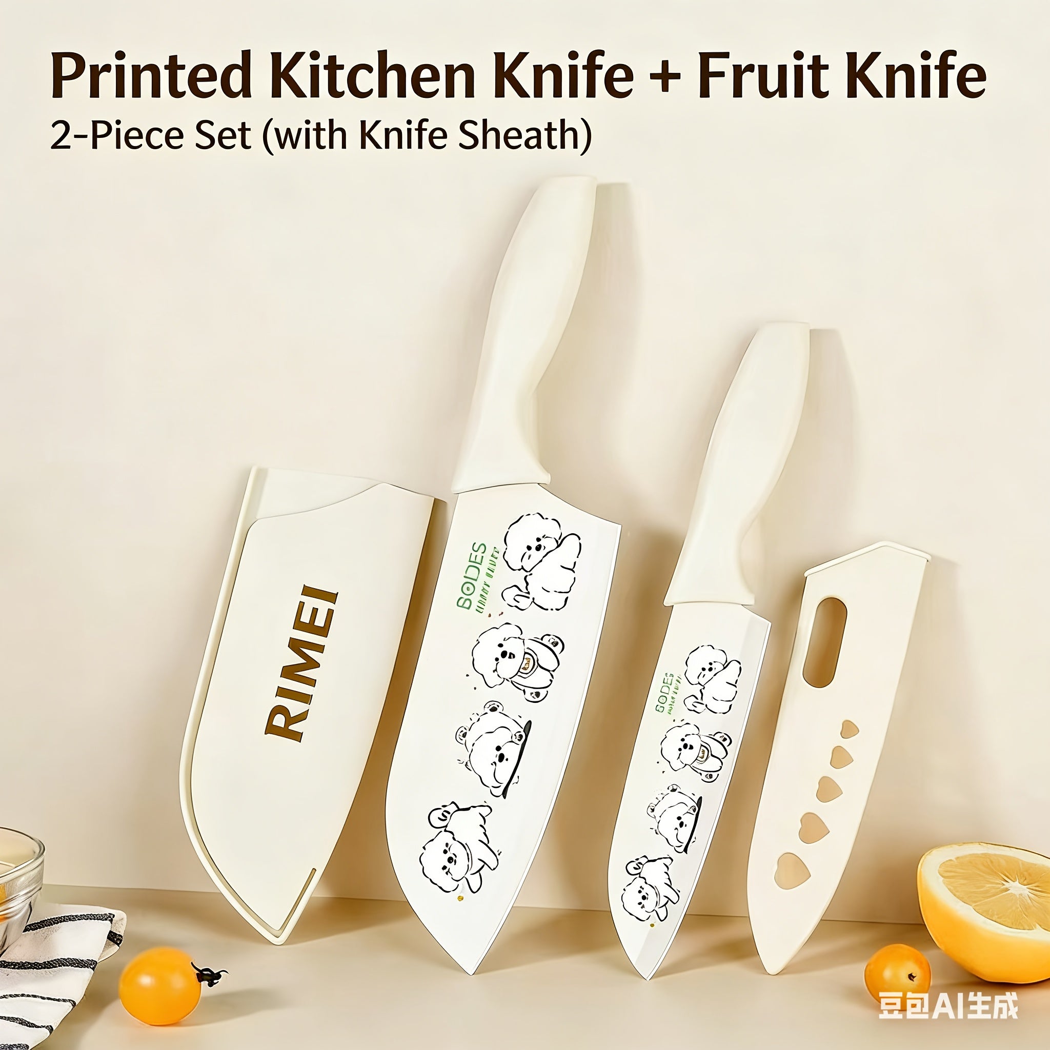 A Cute Bear-Patterned Kitchen Knife Set with One Or Two Pieces - Includes a Fruit And Vegetable Knife with a Safety Sheath, Perfect for Home Cooking with Adorable Pet Prints