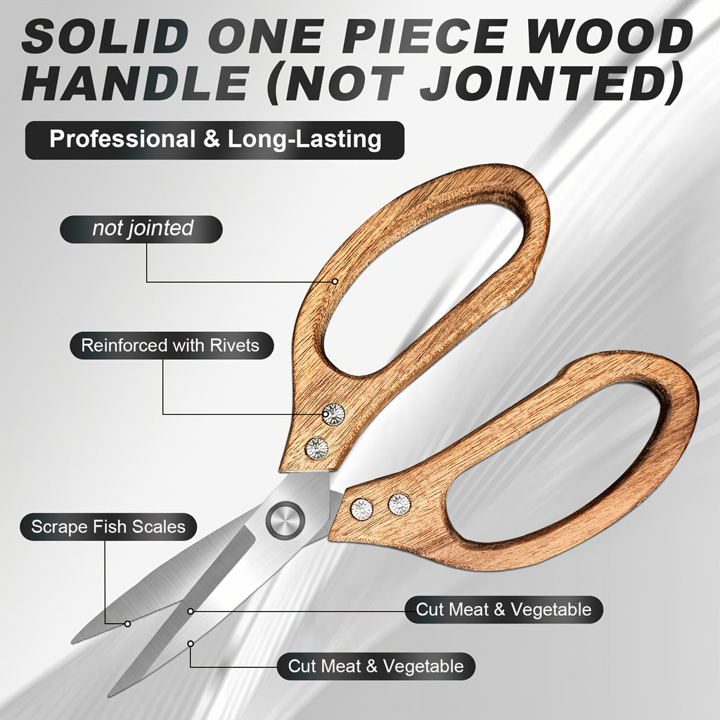 Wooden Kitchen Scissors - Heavy-Duty Multifunctional Scissors - Made with Stainless Steel Blades, Suitable for Cooking, Making Pizza, Cutting Herbs And Meat - Ergonomically Designed Wooden Handles That Are Dishwasher Safe