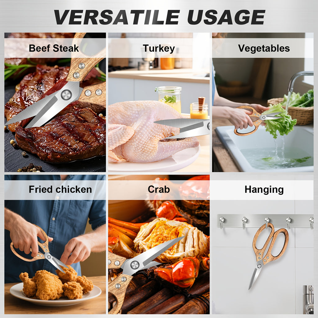 Wooden Kitchen Scissors - Heavy-Duty Multifunctional Scissors - Made with Stainless Steel Blades, Suitable for Cooking, Making Pizza, Cutting Herbs And Meat - Ergonomically Designed Wooden Handles That Are Dishwasher Safe