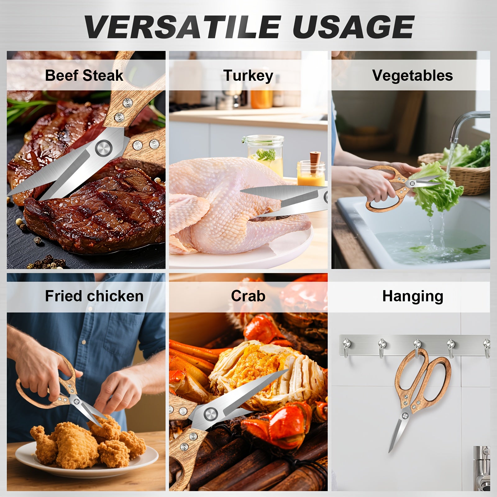 Wooden Kitchen Scissors - Heavy-Duty Multifunctional Scissors - Made with Stainless Steel Blades, Suitable for Cooking, Making Pizza, Cutting Herbs And Meat - Ergonomically Designed Wooden Handles That Are Dishwasher Safe