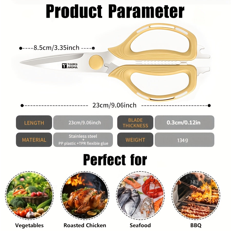 Multi-Functional Kitchen Scissors | Heavy-Duty, Non-Slip Grip, Dishwasher Safe, Stainless Steel, Ambidextrous, Yellow