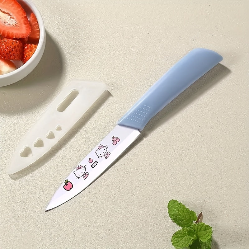 5pcs Hello Kitty Kitchen Knife Set, Pink\u002FBlue Ceramic-Style Fruit Knife Set, Sanrio Fruit Knife, High Carbon Stainless Steel Blades, Stainless Steel Knife Block Set With Precise Scissors, Peeler, For Cooking, Meat Cutting, Gifting