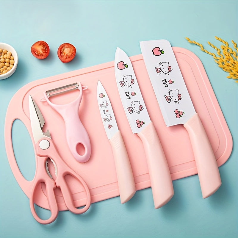 5pcs Hello Kitty Kitchen Knife Set, Pink\u002FBlue Ceramic-Style Fruit Knife Set, Sanrio Fruit Knife, High Carbon Stainless Steel Blades, Stainless Steel Knife Block Set With Precise Scissors, Peeler, For Cooking, Meat Cutting, Gifting