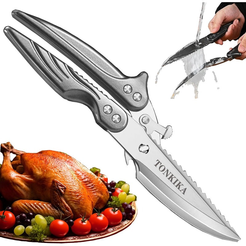 Heavy Duty Stainless Steel Professional Kitchen Shears & Poultry Scissors - 10.2” Spring-Loaded Bolt-Cutters with Locking Mechanism, Dishwasher, Chicken\u002FTurkey\u002FFish, Opener & Multi- for Chefs & Cooks (Gray